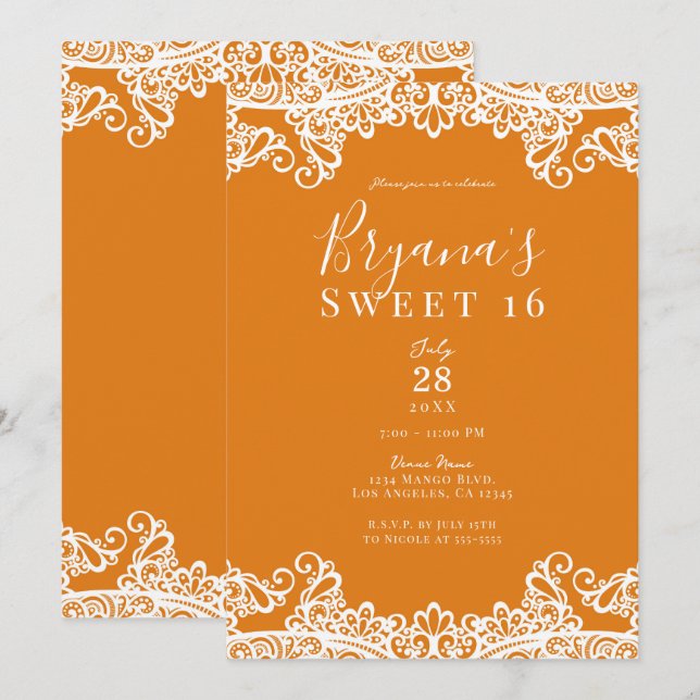 Invitation Orange Mangue Dentelle Blanche Élégante Fête Douce (Devant / Derrière)