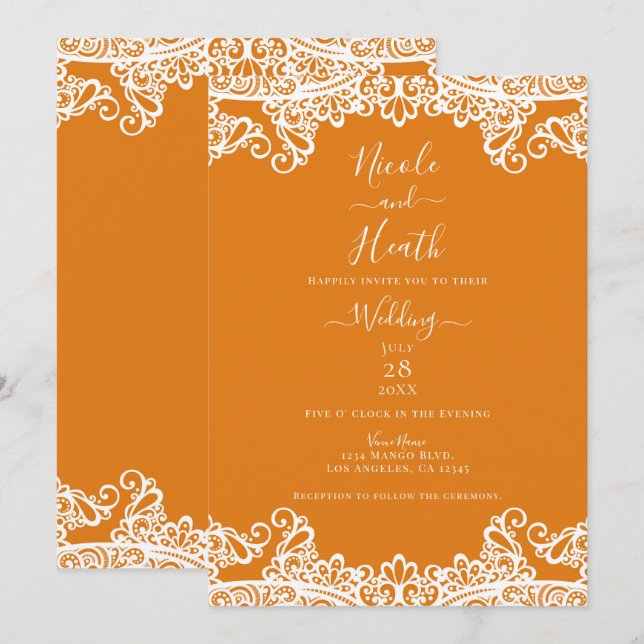 Invitation Orange Mangue & Dentelle Blanche Mariage Élégant (Devant / Derrière)