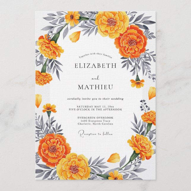 Invitation Orange Marigold Bloom Romantic Wedding (Devant)