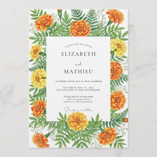 Invitation Orange Marigold Botanical Autumn Wedding (Devant)