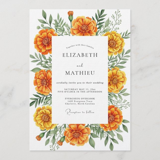 Invitation Orange Marigold Botanical Flourish Wedding (Devant)