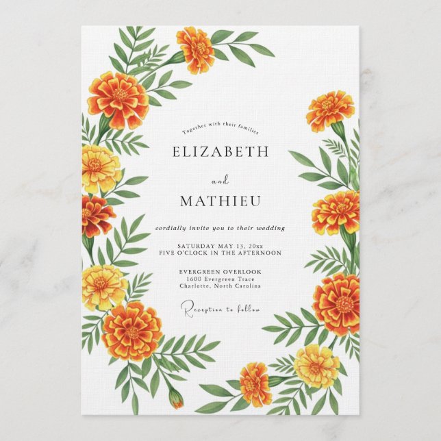 Invitation Orange Marigold Botanical Wedding (Devant)