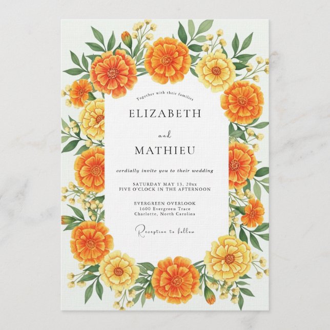Invitation Orange Marigold Floral Whimsy Wedding (Devant)