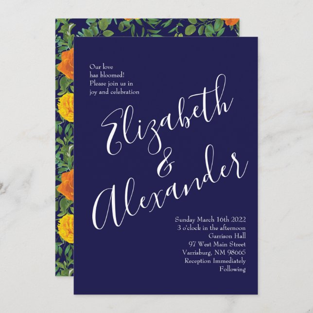 Invitation Orange & Marine Blue Peony & Rose Floral Mariage (Devant / Derrière)