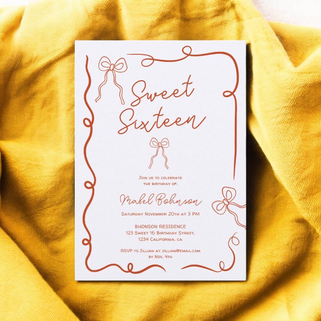 Invitation Orange mignon cordes rubans illustrations Sweet 16 (Burnt Orange cute bows ribbons illustrations Sweet 16 Invitation)