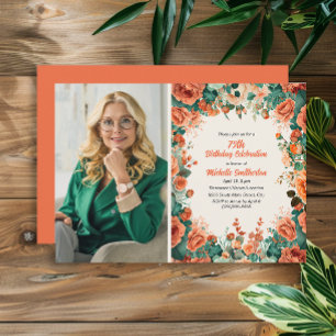 Invitation Orange Mint Green Floral 75e anniversaire Photo