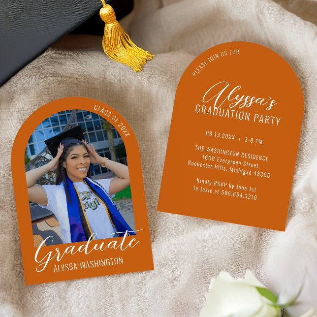 Invitation Orange Modern Arch Photo Graduation Party (Créateur téléchargé)