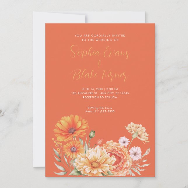 Invitation Orange moderne et Jardin rose Mariage orange (Devant)