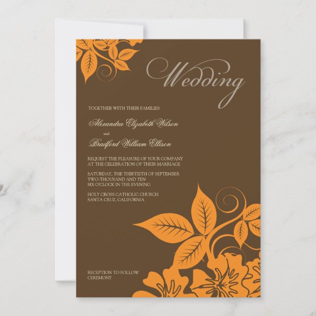 Invitation Orange moderne/Faire-part de mariage floral Brown (Devant)