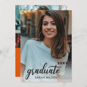 Invitation Orange Moderne Script Diplômé Deux Photos Conduite