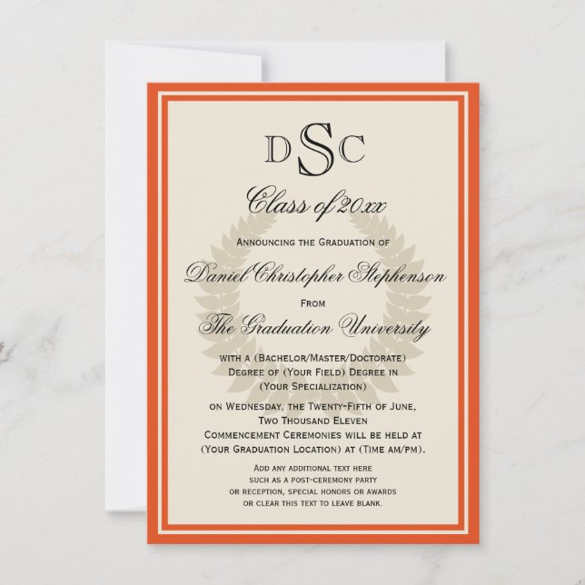 Invitation Orange Monogram Laurel Classic College Graduation (Devant)