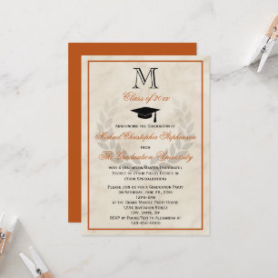 Invitation Orange Monogram Wreath Classic College Graduation