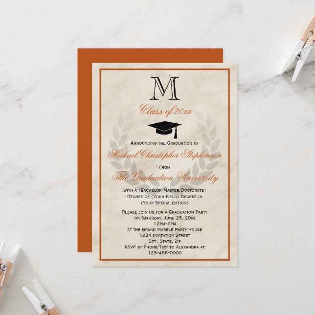 Invitation Orange Monogram Wreath Classic College Graduation (Devant/Arrière en situation)