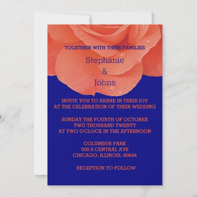 Invitation Orange Navy Blue Floral Rose Élégant Mariage de au (Devant)