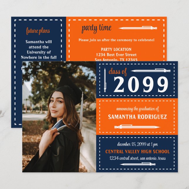 Invitation Orange & Navy Pots et Crayons Graduation (Devant / Derrière)
