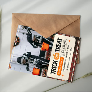Invitation Orange, Noir et Blanc Trick Or Treat Halloween