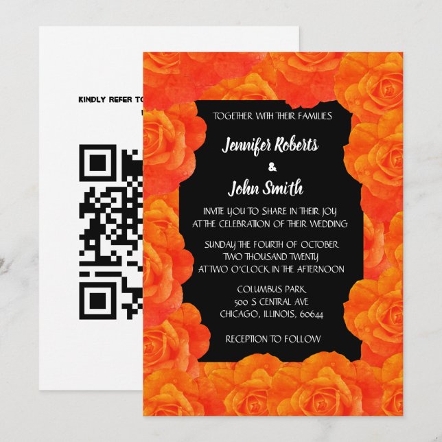 Invitation Orange noir Floral QR Code Rose Fleurs Mariage (Devant / Derrière)