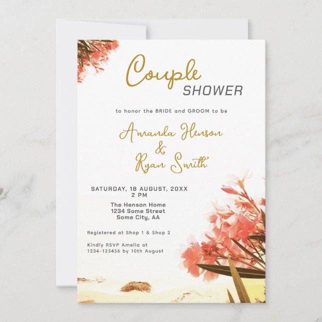 Invitation Orange Oleander Fleurs Plage Couple Douche (Devant)