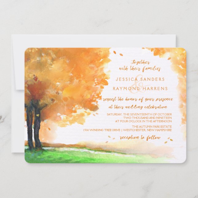 Invitation Orange & Or Arbres d'automne Aquarelle Mariage (Devant)