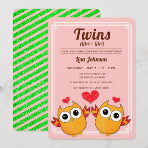 Invitation Orange Owls Twin Girls Red Stripes Baby shower