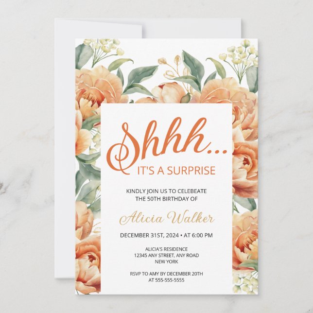 Invitation Orange Peony Floral Surprise Anniversaire (Devant)
