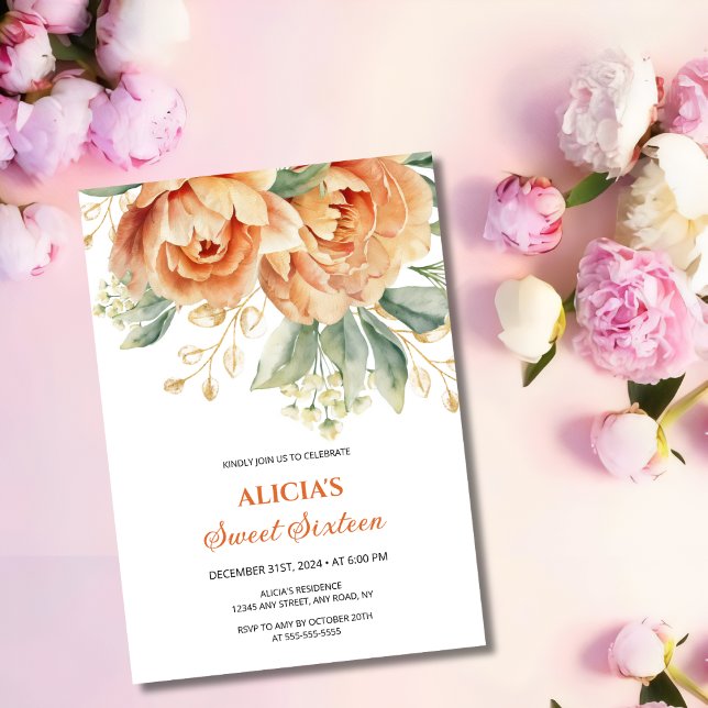 Invitation Orange Peony Gold Leaf Green 16e anniversaire (Créateur téléchargé)