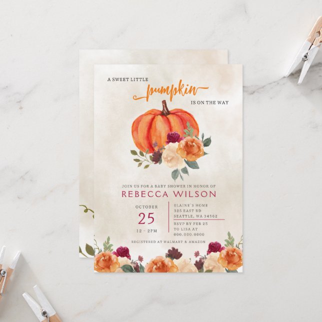 Invitation Orange Petit Citrouille Baby shower neutre pour le (Devant/Arrière en situation)