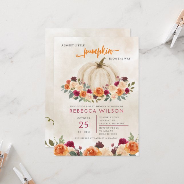 Invitation Orange Petit Citrouille Baby shower neutre pour le (Devant/Arrière en situation)