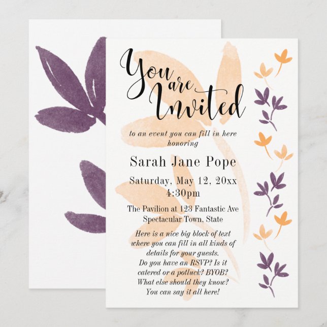 Invitation Orange & Plum Feuilles Jolie Typographie Invitatio (Devant / Derrière)