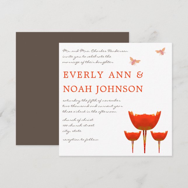 Invitation Orange Poppy & Bumble Bee Mariage (Devant / Derrière)