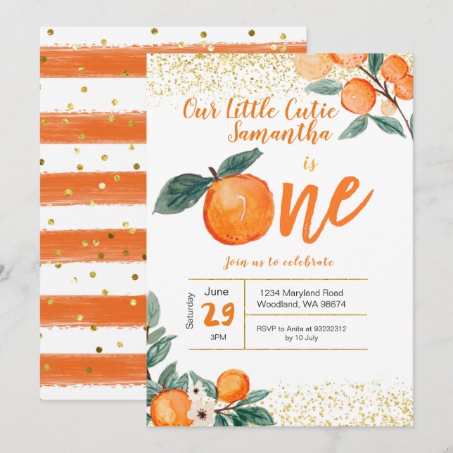 Invitation Orange Premier Anniversaire (Devant / Derrière)