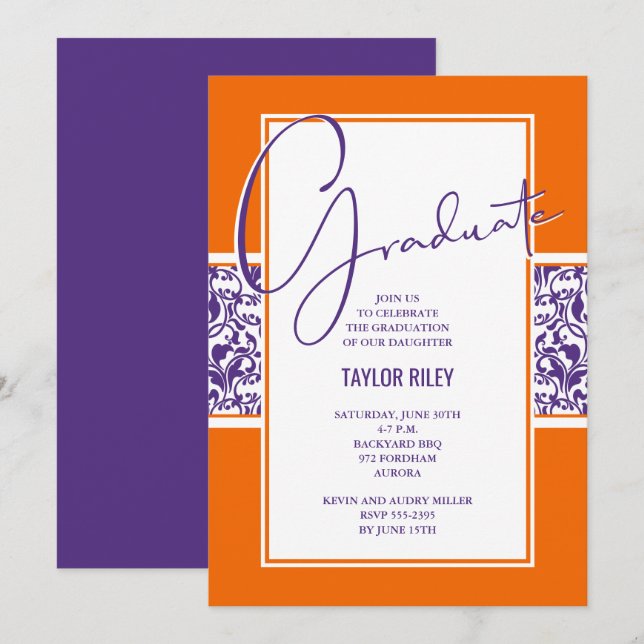 Invitation Orange Purple Damask Graduation (Devant / Derrière)