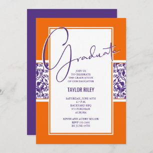 Invitation Orange Purple Damask Graduation