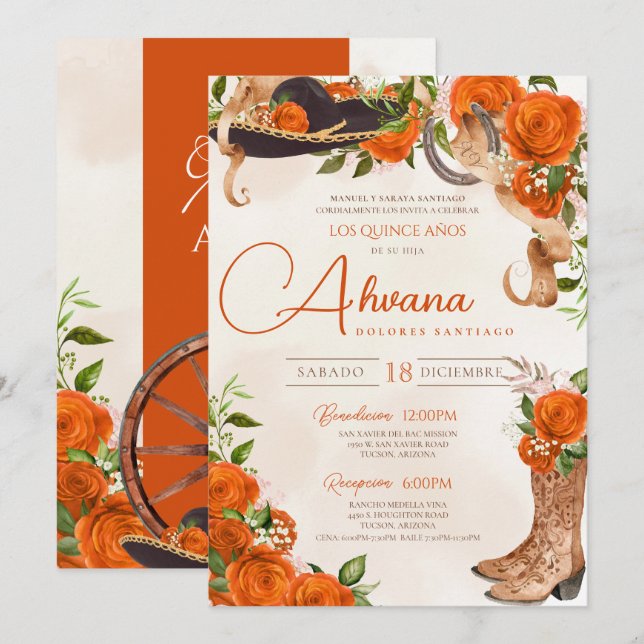 Invitation Orange Quinceanera Roses Vintage Charro Ouest (Devant / Derrière)