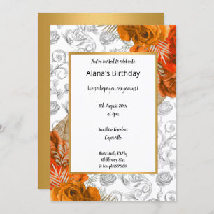 Invitation Orange Red Gold Floral Elégant anniversaire Invita