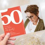 Invitation Orange Red Photo 50th Birthday Party<br><div class="desc">Créez des souvenirs durables à votre 50e anniversaire de bain avec ces invitations tendance à la fête d'anniversaire rouge orangé! Avec une grande police serif audacieuse montrant le numéro '50', une photo du garçon / fille d'anniversaire, et un modèle moderne facile à personnaliser, ces invitations capteront l'esprit de l'occasion. Grâce...</div>