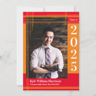Invitation Orange Red School Colour Graduation Photo Plaid