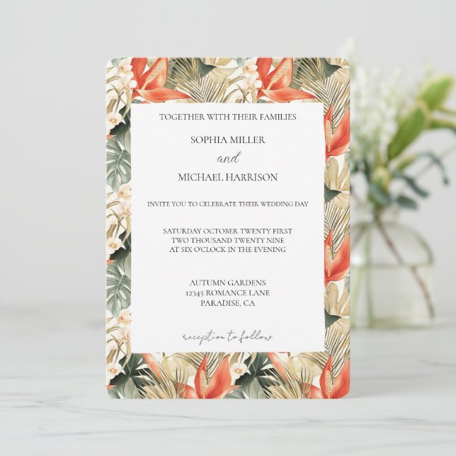 Invitation Orange Red Tropical Jungle Floral Wedding (Debout devant)