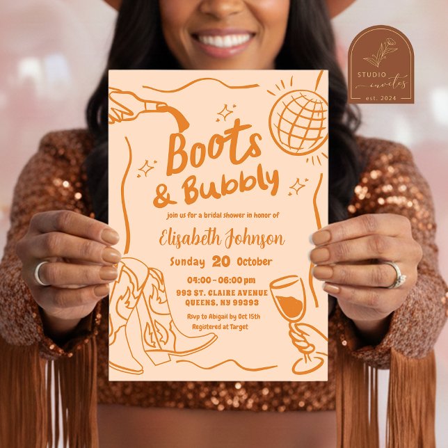 Invitation Orange Retro Boots et Bubbly Bridal Shower (Créateur téléchargé)