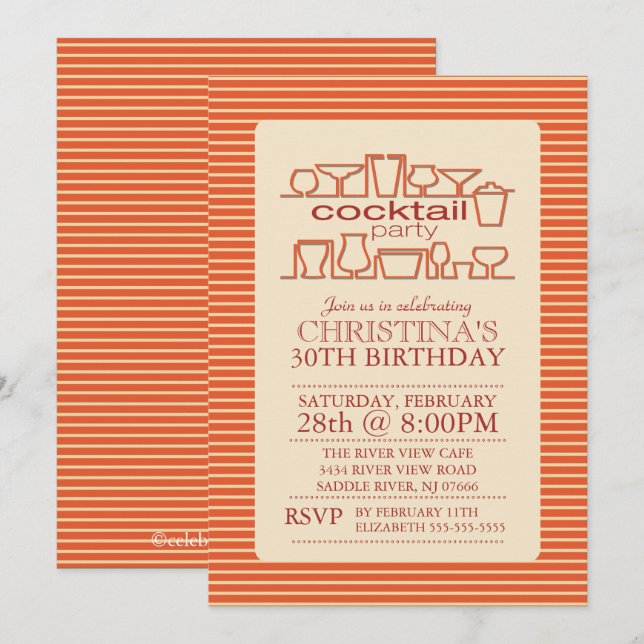 Invitation Orange Retro Cocktail Anniversaire (Devant / Derrière)