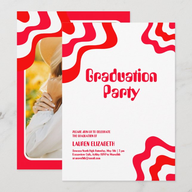 Invitation Orange Rétro Groovy Photo Diplômé (Devant / Derrière)