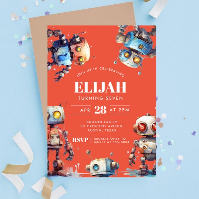 Invitation Orange Robots Tech Générateur d'engrenages Anniver (Créateur téléchargé)