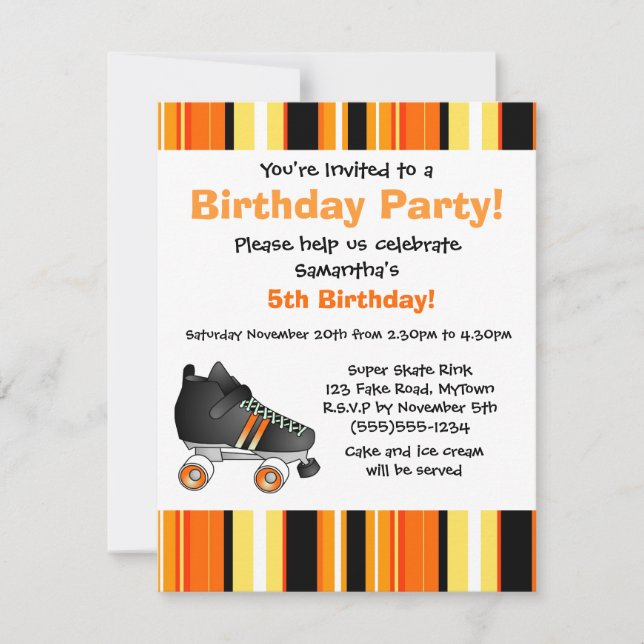 Invitation Orange Roller Skate Birthday Party - Orange Strip (Devant)