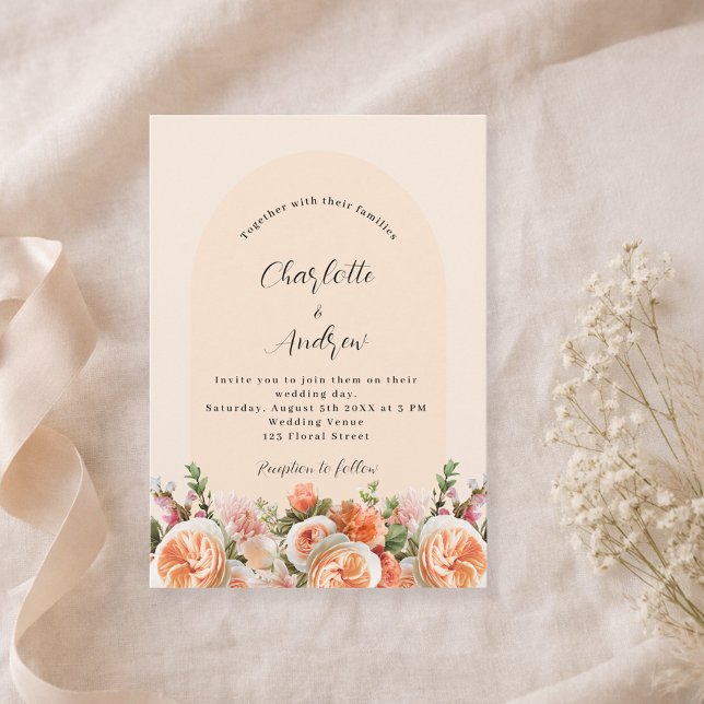 Invitation Orange rose mariage arc fleurons (Créateur téléchargé)