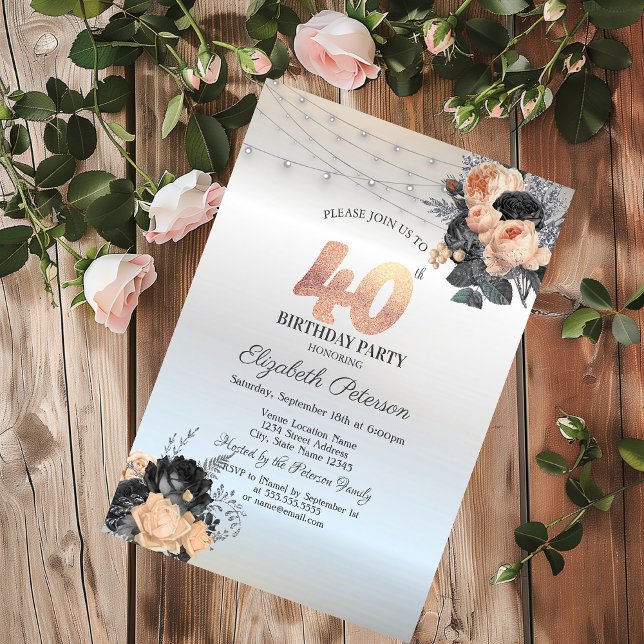 Invitation Orange Rose String Lights Argent 40e anniversaire (Créateur téléchargé)