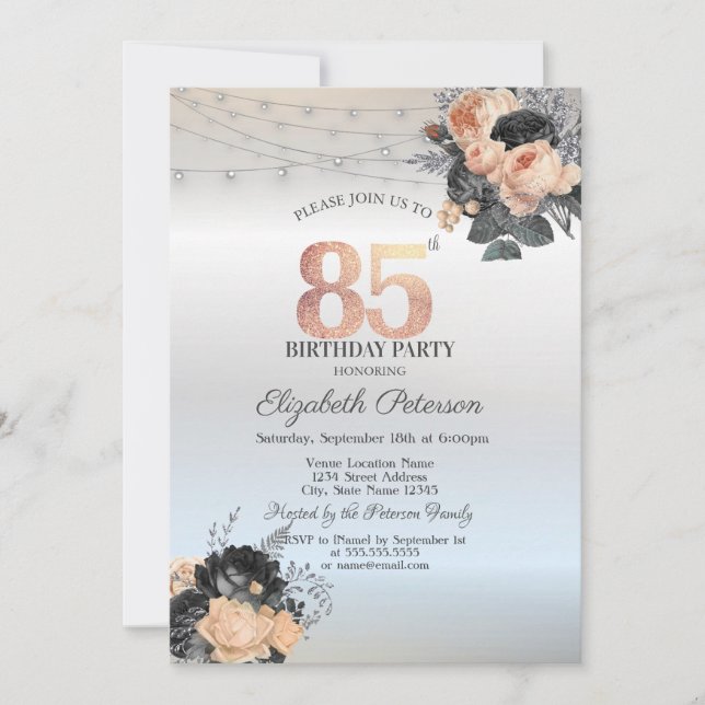 Invitation Orange Rose String Lights Argent 85e anniversaire (Devant)