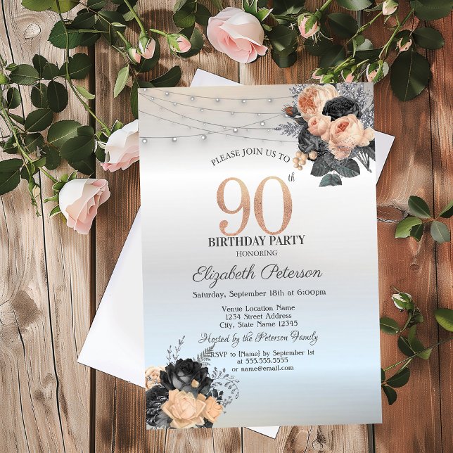 Invitation Orange Rose String Lights Argent 90e anniversaire (Créateur téléchargé)