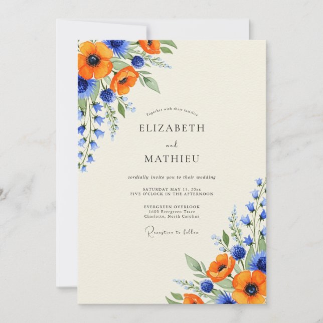 Invitation Orange Royal Blue Luminous Wildflower Wedding (Devant)