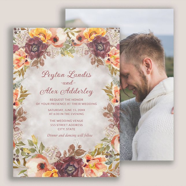 Invitation Orange Rust Automne Automne Floral Photo Mariage (Rust and orange watercolor floral fall wedding photo invitation)