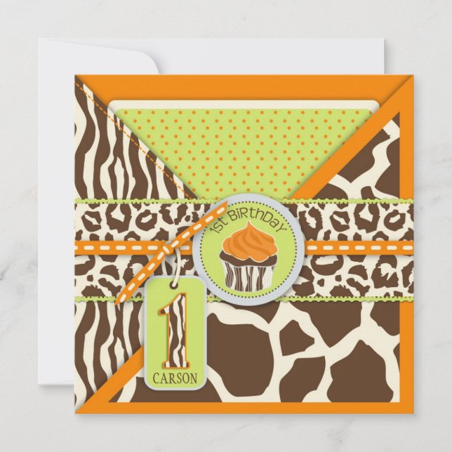 Invitation Orange Safari et Cupcake Premier anniversaire (Devant)